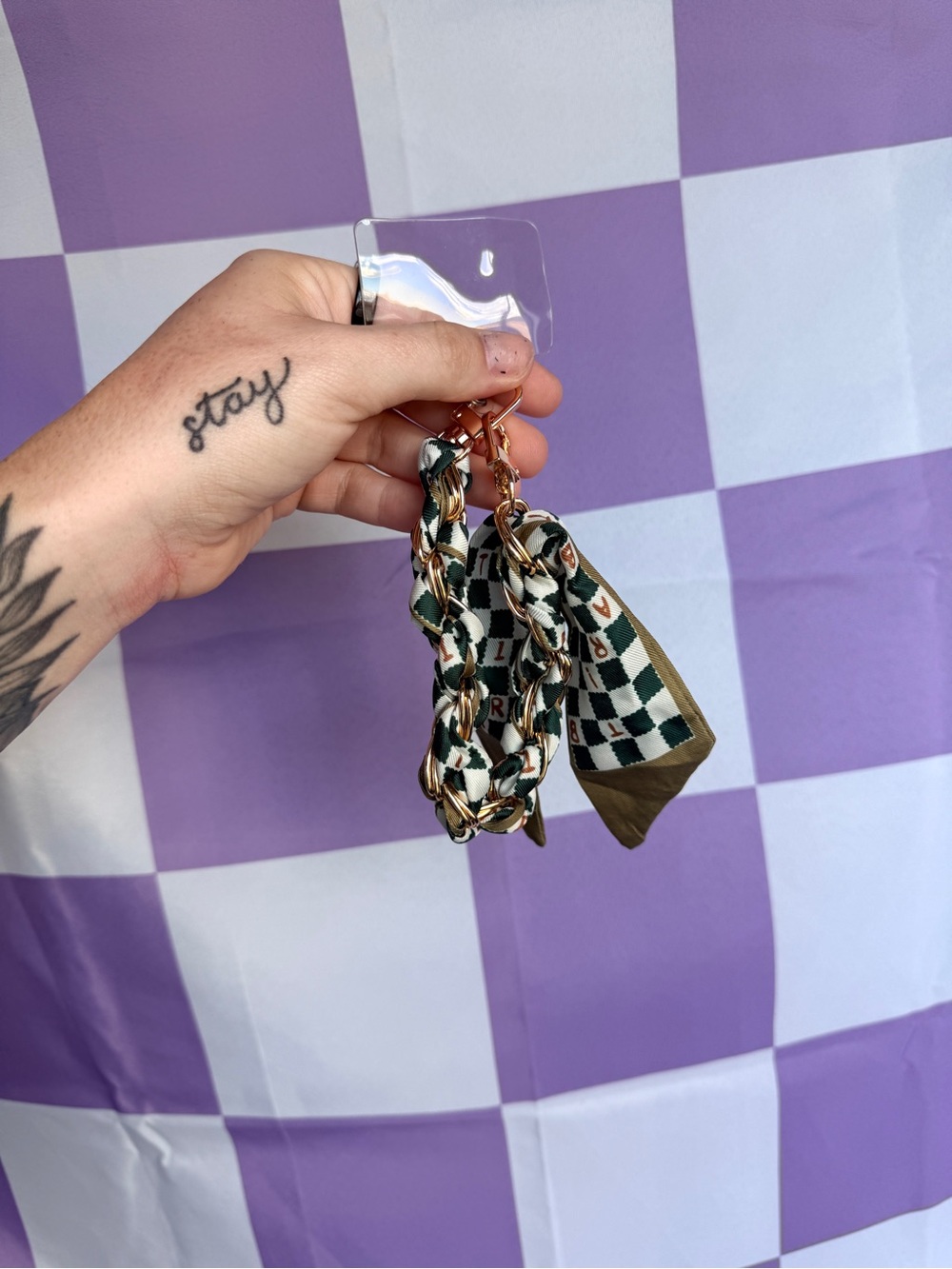 Woven Check Scarf Keychain - Green/White